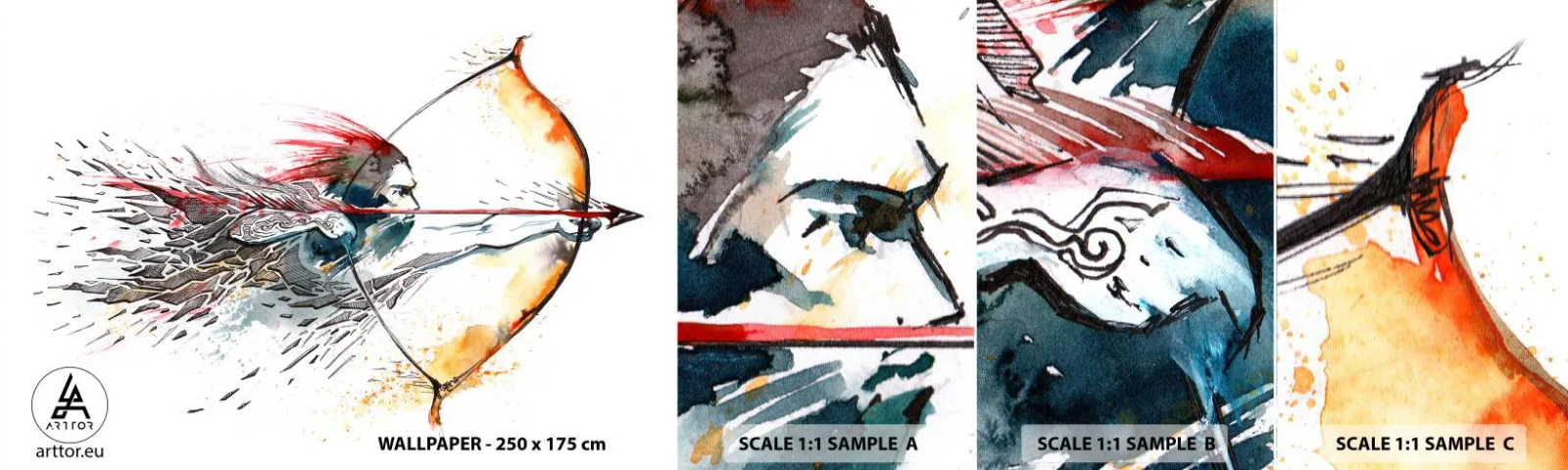 Mostră tapet autocolant Deluxe Sticker - Războinic mitic cu un arc de foc - Abstracția, Pistolar, Lovitură cu arcul - 100x30 cm