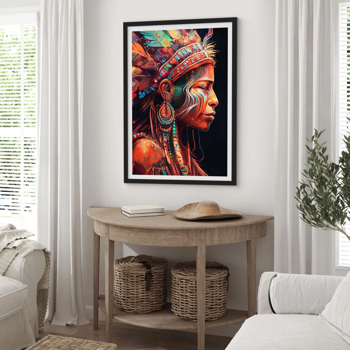 Poster în ramă neagră - Portretul unei femei într-o coafură tradițională din pene - 50x70cm - Ritual magic - Decorațiune modernă pentru perete pentru living și dormitor ARTTOR