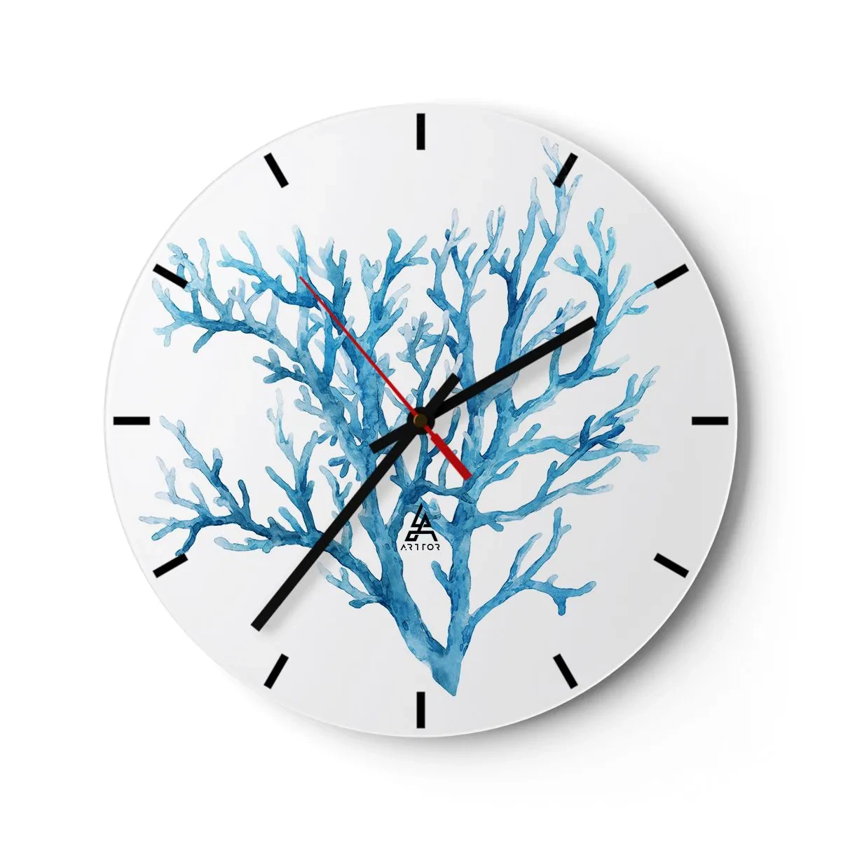 Ceas de perete - Ceas pe sticlă - Ilustrație a coralului albastru pe fundal alb - 30x30cm - Filigranul marin - Decorațiune modernă pentru perete pentru living, bucătărie și dormitor ARTTOR