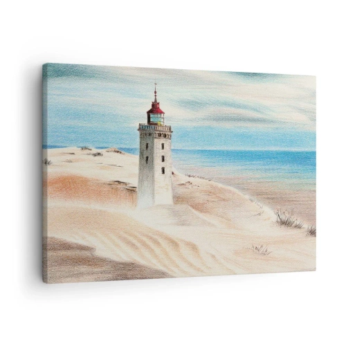 Tablou pe pânză Canvas - Un far înconjurat de dune de nisip și un cer albastru - 70x50cm - Privind mereu marea - Decorațiune modernă pentru perete pentru living și dormitor ARTTOR