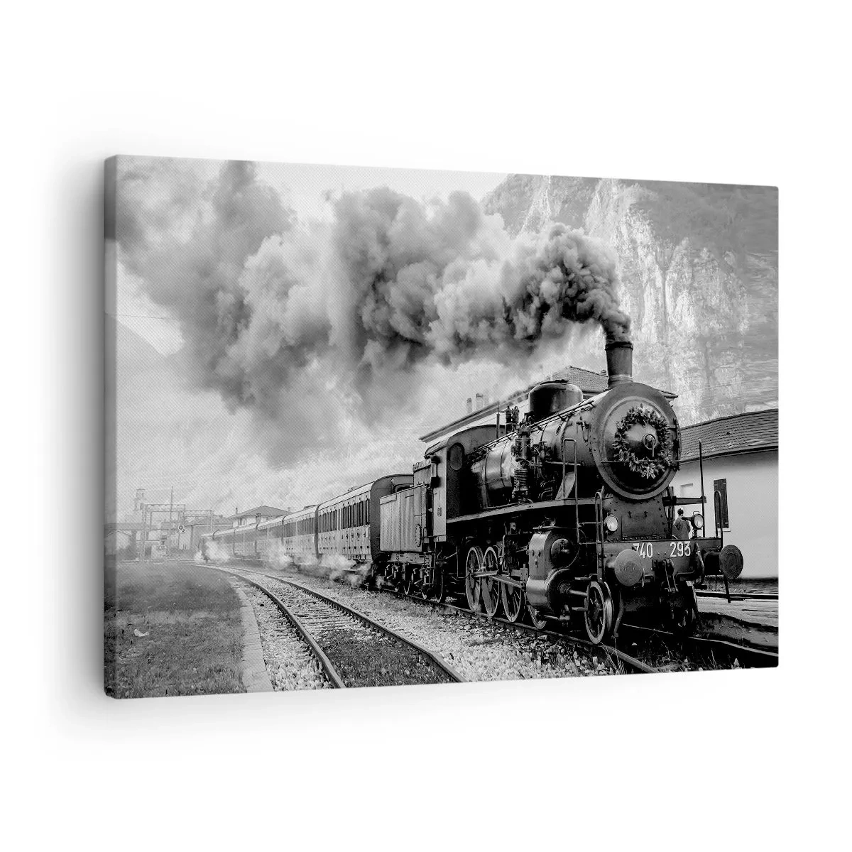 Tablou pe pânză Canvas - O locomotivă cu aburi alb-negru pe fundalul unui peisaj montan - 70x50cm - La gară... - Decorațiune modernă pentru perete pentru living și dormitor ARTTOR