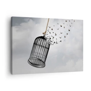 Tablou pe pânză Canvas - Păsări care zboară dintr-o cușcă pe cer - 70x50cm - Credință...Speranță...Libertate! - Decorațiune modernă pentru perete pentru living și dormitor ARTTOR