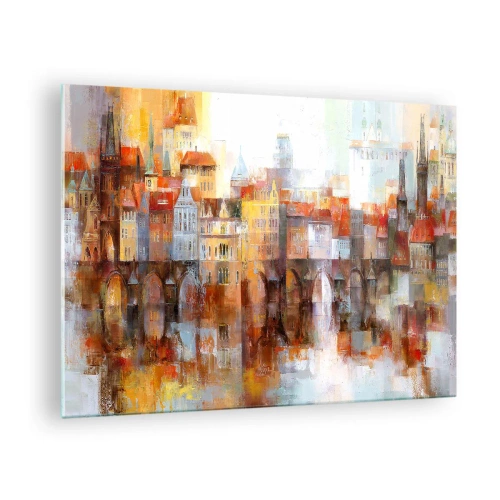 Tablou pe sticlă - Panoramă colorată a orașului cu un pod și reflexie în apă - 70x50cm - Frumos și sub pod - Decorațiune modernă pentru perete pentru living și dormitor ARTTOR
