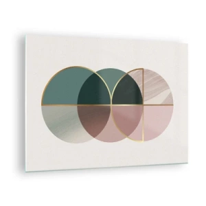 Tablou pe sticlă - Forme geometrice cu nuanțe de verde și roz pe un fundal deschis - 70x50cm - Roată cu roată… - Decorațiune modernă pentru perete pentru living și dormitor ARTTOR