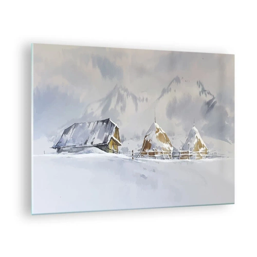 Tablou pe sticlă - Peisaj de iarnă cu o căsuță și căpițe de fân în munți - 70x50cm - Într-o vale înzăpezită - Decorațiune modernă pentru perete pentru living și dormitor ARTTOR