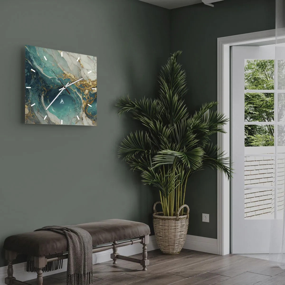 Ceas de perete - Ceas pe sticlă - Compoziție cu vene aurii - 40x40 cm