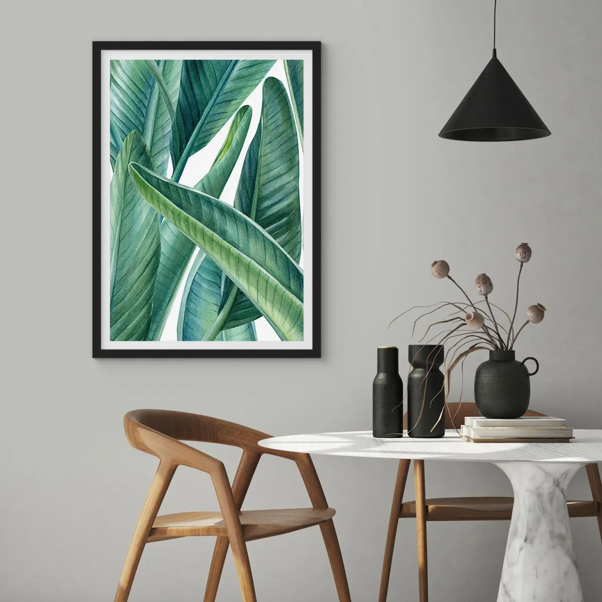 Poster în ramă neagră - Frunze verzi de bananier în stil acuarelă - 50x70cm - Verdeața în sine - Decorațiune modernă pentru perete pentru living și dormitor ARTTOR