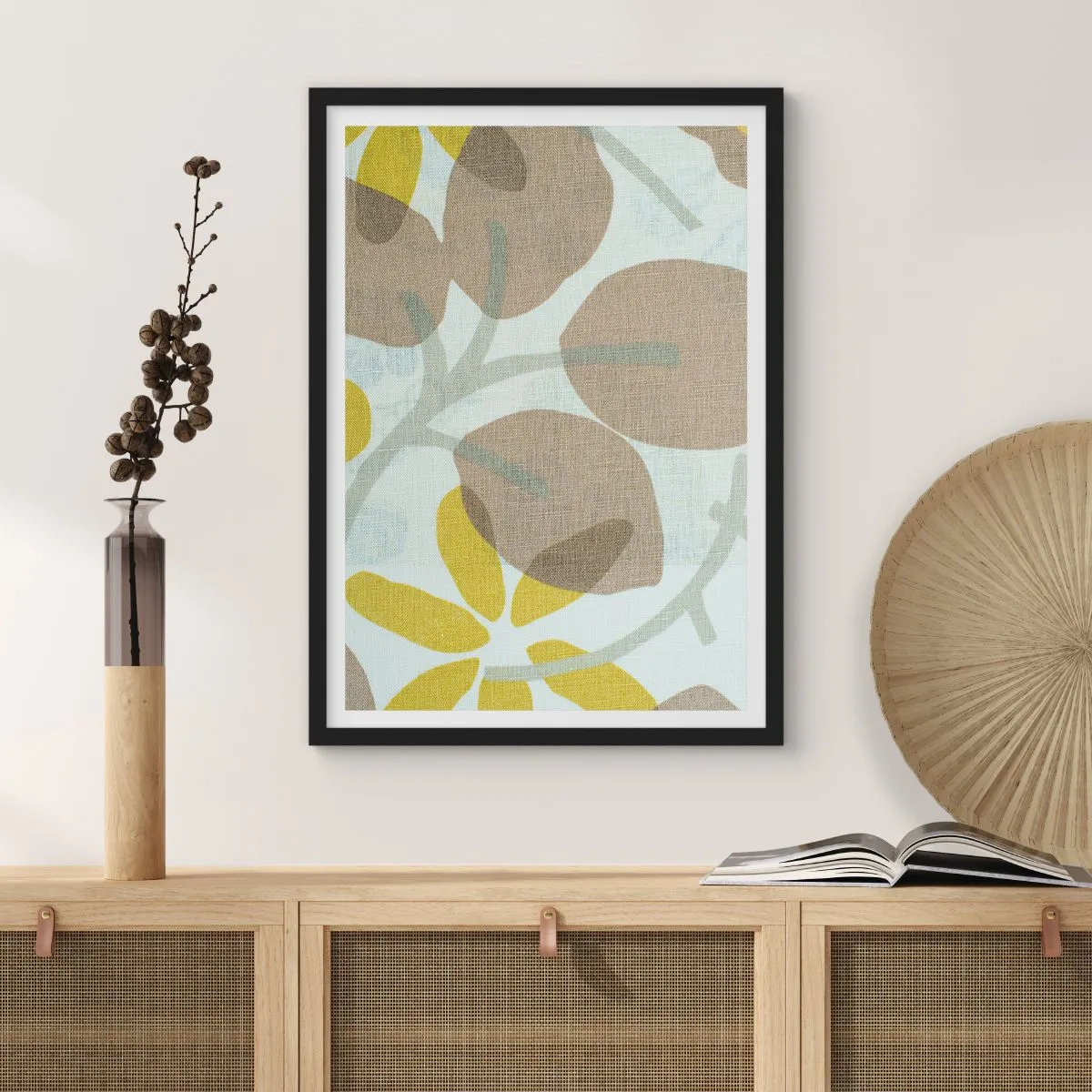 Poster în ramă neagră - Grafică botanică delicată în culori naturale - 50x70cm - Compoziție în plin soare - Decorațiune modernă pentru perete pentru living și dormitor ARTTOR