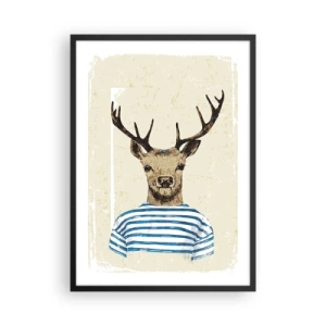 Poster în ramă neagră - Grafică a unui cerb în haine de marinar - 50x70cm - Pentru că îmi plac cămășile cu dungi! - Decorațiune modernă pentru perete pentru living și dormitor ARTTOR