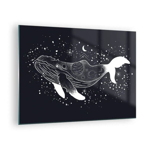 Tablou pe sticlă - Siluetă albă grafică a unei balene plutitoare în spațiu - 70x50cm - În oceanul universului - Decorațiune modernă pentru perete pentru living și dormitor ARTTOR
