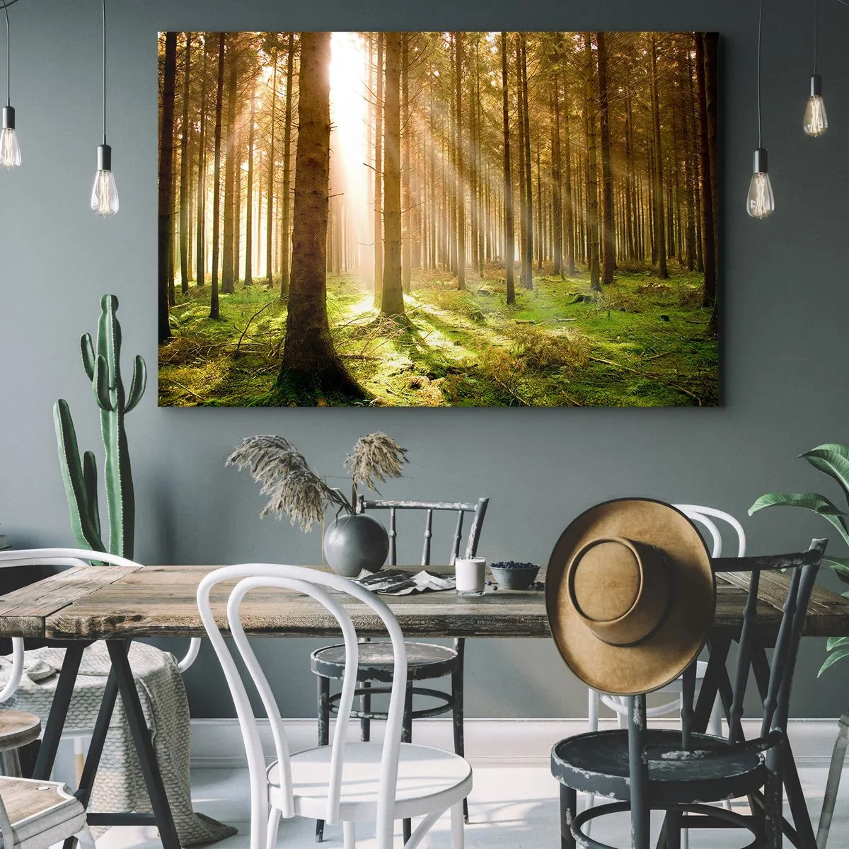 Tablou pe pânză Canvas - Pădure de conifere cu raze de soare care strălucesc printre copaci - 70x50cm - Spiridușii sunt pe cale să apară - Decorațiune modernă pentru perete pentru living și dormitor ARTTOR