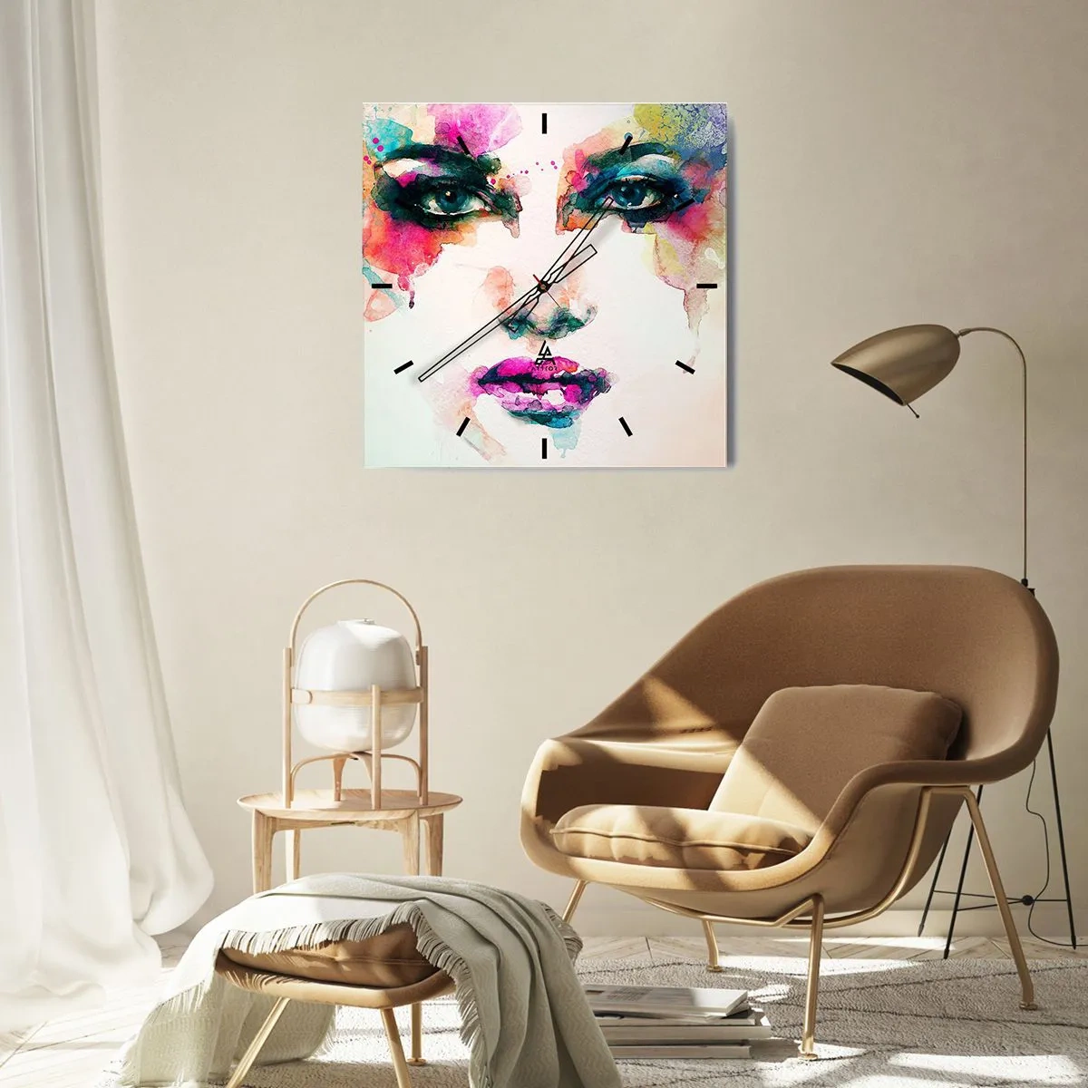 Ceas de perete - Ceas pe sticlă - Portret pictat cu un curcubeu - 40x40 cm