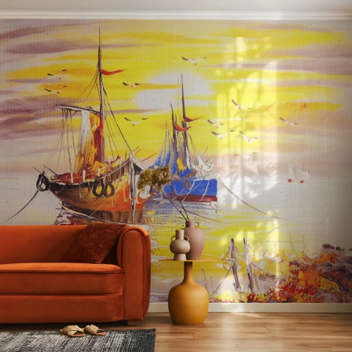 Tapet Premium Canvas - O binemeritată odihnă în port - Barca de pescuit, Pescuit, Păsări - 400x280 cm