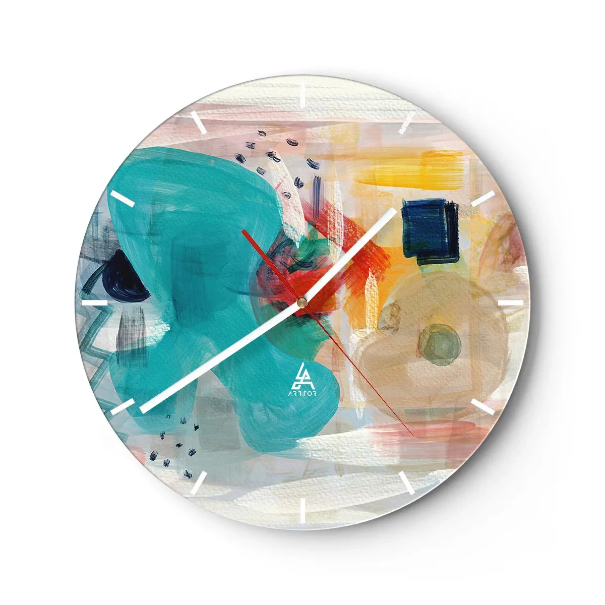 Ceas de perete - Ceas pe sticlă - Pete abstracte de culoare în nuanțe de turcoaz, roșu și galben - 30x30cm - Joc plin de culoare - Decorațiune modernă pentru perete pentru living, bucătărie și dormitor ARTTOR