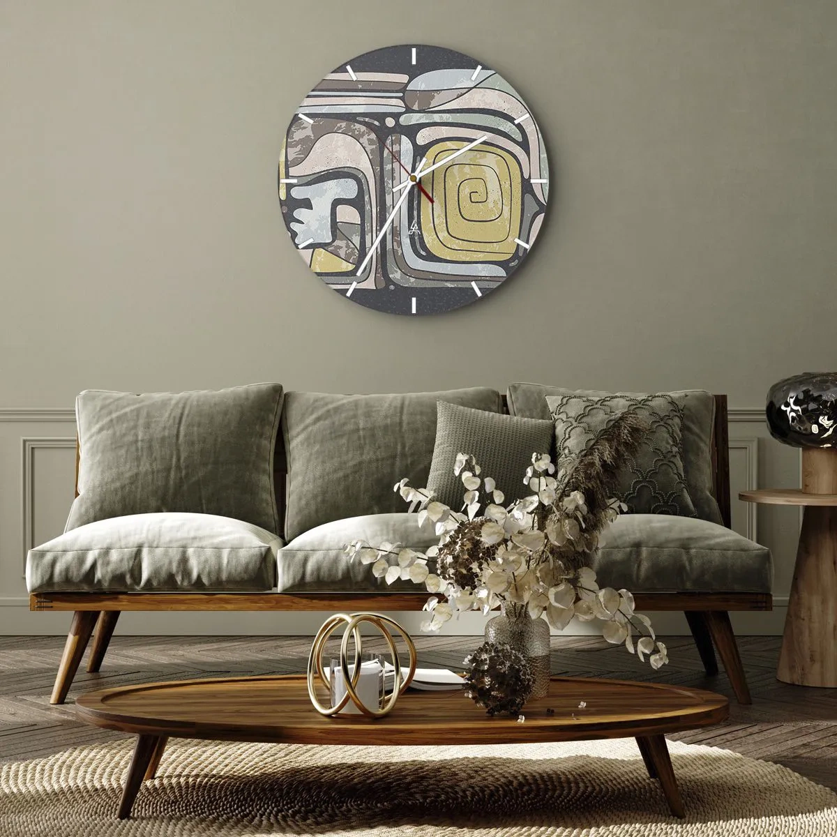 Ceas de perete - Ceas pe sticlă - Forme abstracte cu motiv spiralat în stil etnic - 30x30cm - Abstracție în spirit precolumbian - Decorațiune modernă pentru perete pentru living, bucătărie și dormitor ARTTOR