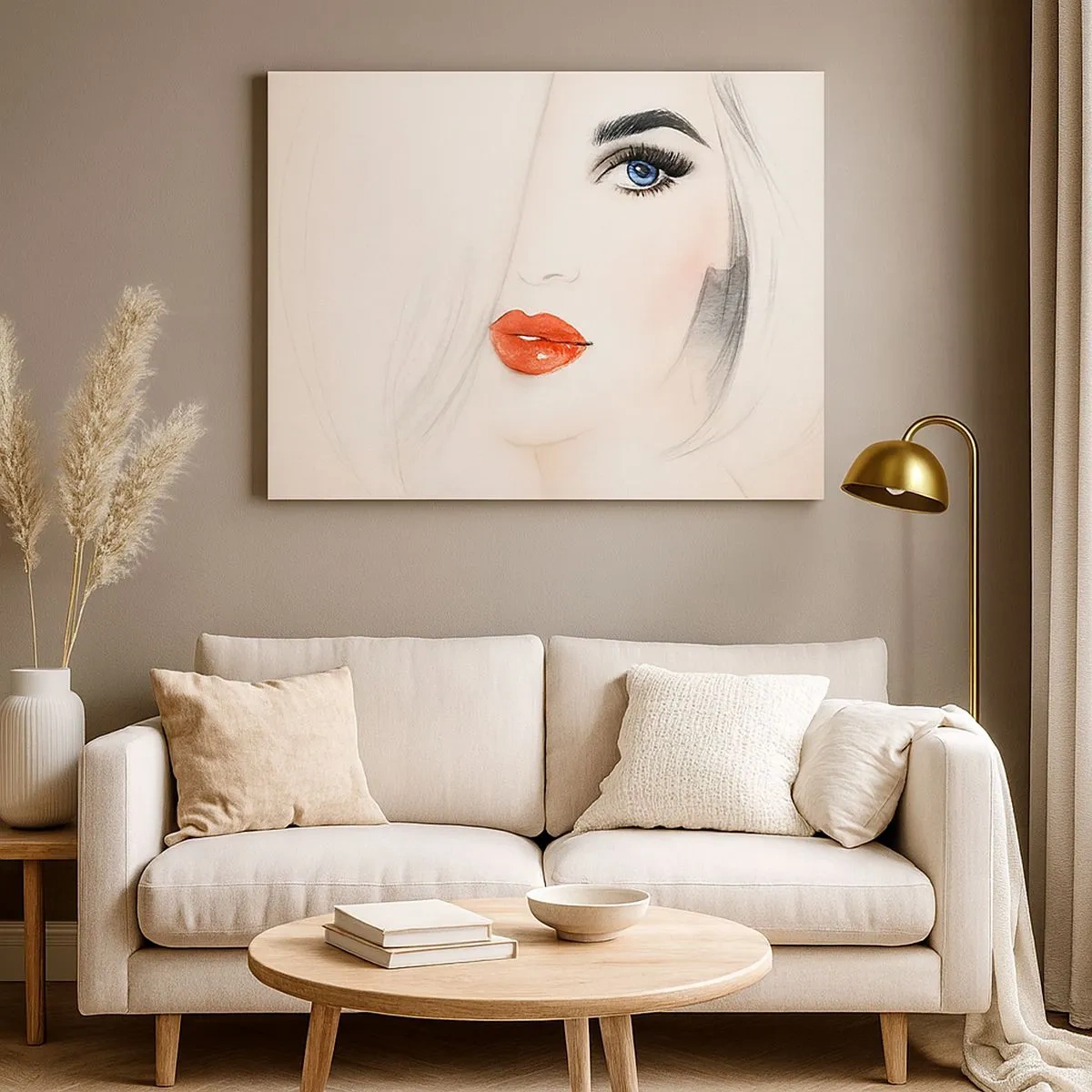 Tablou pe pânză Canvas - Un portret minimalist al unei femei cu ochi albaștri și buze roșii. - 70x50cm - Hipnotizează și intoxică - Decorațiune modernă pentru perete pentru living și dormitor ARTTOR