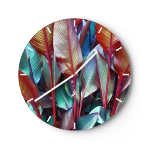 Ceas de perete - Ceas pe sticlă - Frunze colorate de plante tropicale - 30x30cm - Tufiș colorat - Decorațiune modernă pentru perete pentru living, bucătărie și dormitor ARTTOR
