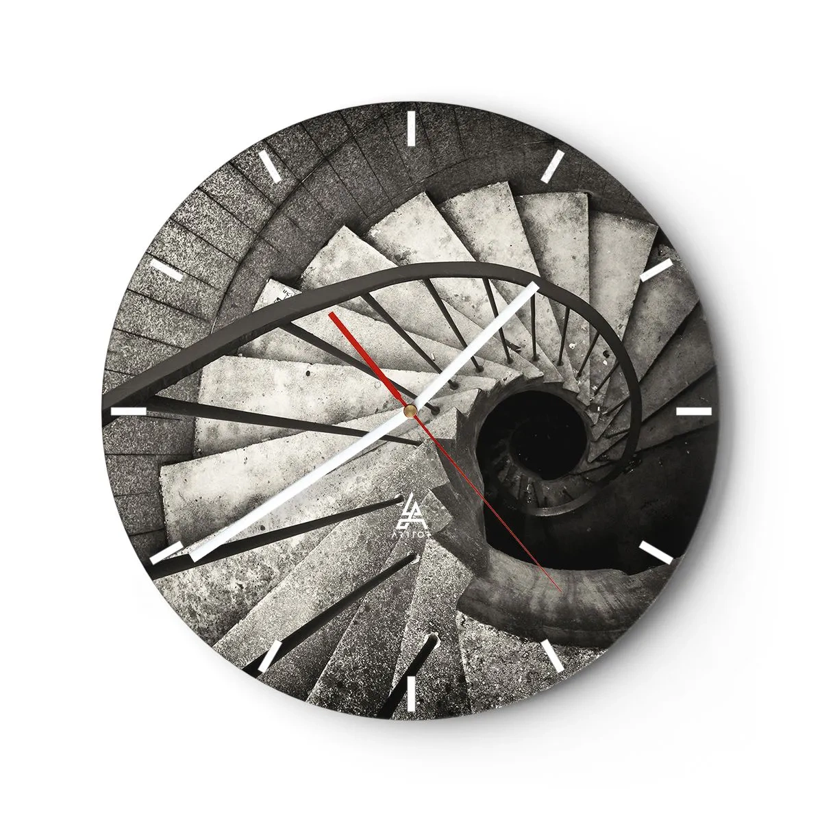 Ceas de perete - Ceas pe sticlă - Scară spiralată alb-negru cu vedere descendentă și dispunere geometrică a treptelor - 30x30cm - În sus și în jos - Decorațiune modernă pentru perete pentru living, bucătărie și dormitor ARTTOR
