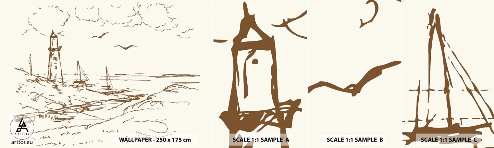 Mostră de Tapet Standard Eco - Schiță de amintiri de vară - Grafică, Coasta, Far - 100x30 cm