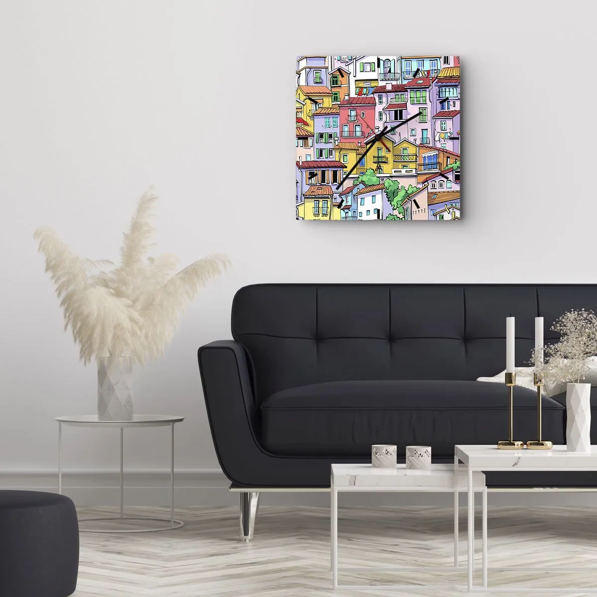Ceas de perete - Ceas pe sticlă - Oraș vesel - 40x40 cm