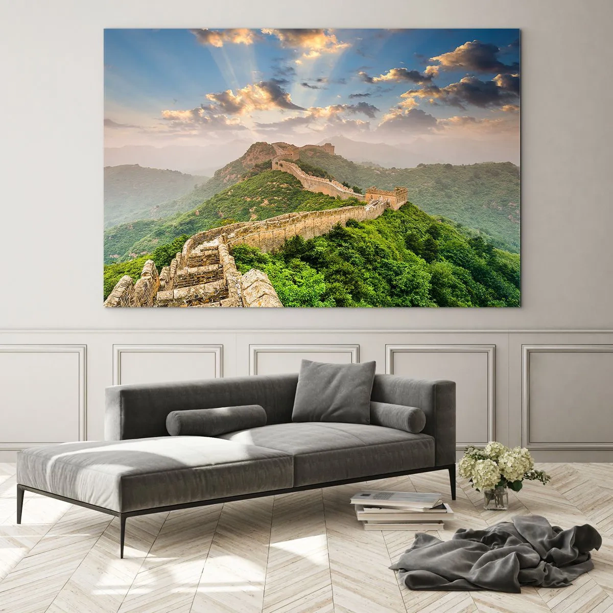 Tablou pe sticlă - Marele Zid Chinezesc într-un peisaj muntos - 70x50cm - Măreția netrecătoare - Decorațiune modernă pentru perete pentru living și dormitor ARTTOR