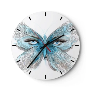Ceas de perete - Ceas pe sticlă - Fluture albastru cu detalii oculare și model artistic delicat - 30x30cm - Polyommatus eros - Decorațiune modernă pentru perete pentru living, bucătărie și dormitor ARTTOR