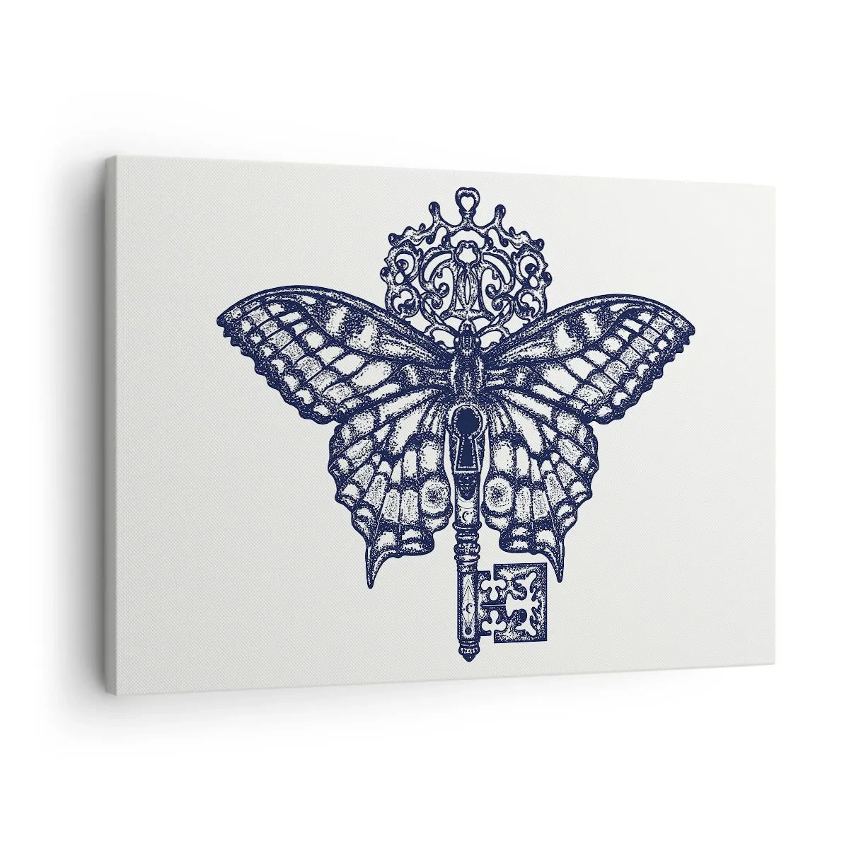 Tablou pe pânză Canvas - Grafică elegantă cu fluture și cheie într-un stil minimalist - 70x50cm - Toate secretele inimii - Decorațiune modernă pentru perete pentru living și dormitor ARTTOR