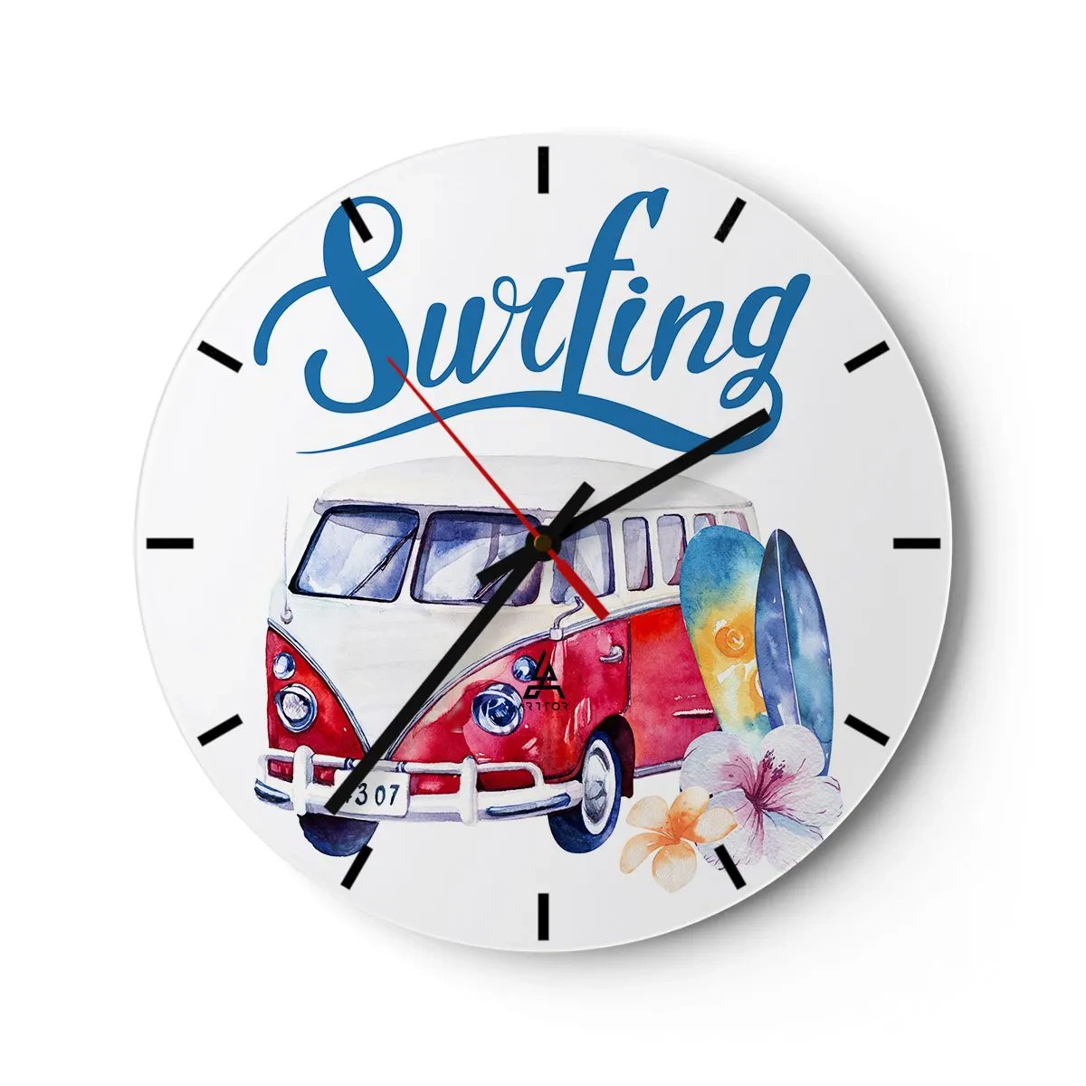 Ceas de perete - Ceas pe sticlă - Motiv de autobuz de surf cu plăci și flori pe fundal alb - 30x30cm - Un clasic pentru surferi - Decorațiune modernă pentru perete pentru living, bucătărie și dormitor ARTTOR