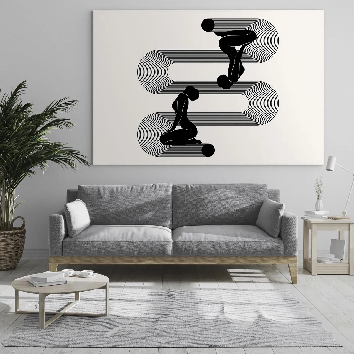 Tablou pe sticlă - Siluete feminine minimaliste cu motiv grafic cu linii - 70x50cm - Simetrie senzuală - Decorațiune modernă pentru perete pentru living și dormitor ARTTOR