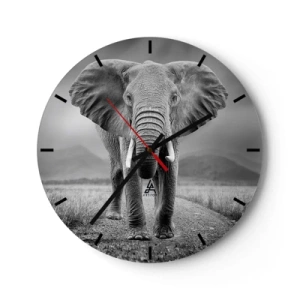 Ceas de perete - Ceas pe sticlă - Un elefant african pe un fundal de savană în nuanțe de gri. - 30x30cm - Gazda te salută - Decorațiune modernă pentru perete pentru living, bucătărie și dormitor ARTTOR
