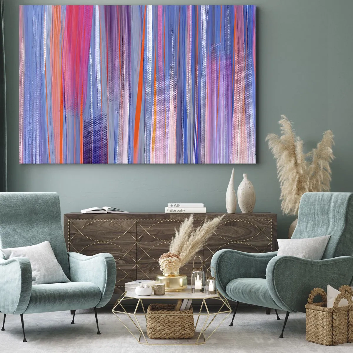 Tablou pe pânză Canvas - Linii verticale abstracte în nuanțe de albastru și roz - 70x50cm - Să intrăm în curcubeu - Decorațiune modernă pentru perete pentru living și dormitor ARTTOR
