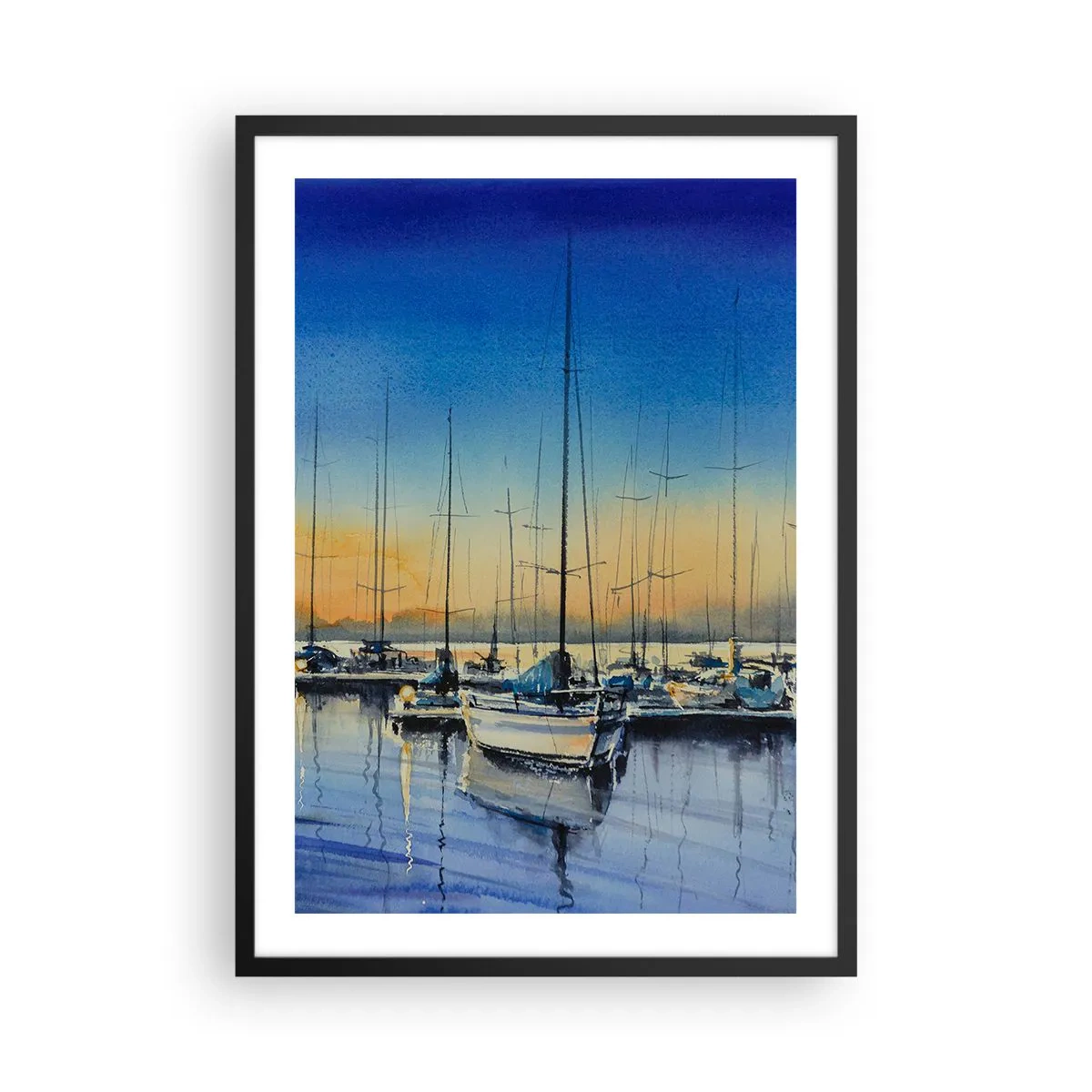 Poster în ramă neagră - O scenă picturală cu pânze într-un port la apus - 50x70cm - Sfârșitul unei zile bune - Decorațiune modernă pentru perete pentru living și dormitor ARTTOR