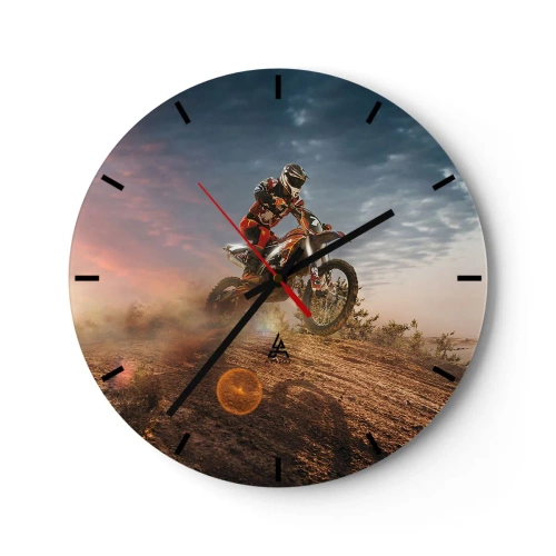Ceas de perete - Ceas pe sticlă - Motociclist în deșert la apus - 30x30cm - Pentru victorie - Decorațiune modernă pentru perete pentru living, bucătărie și dormitor ARTTOR