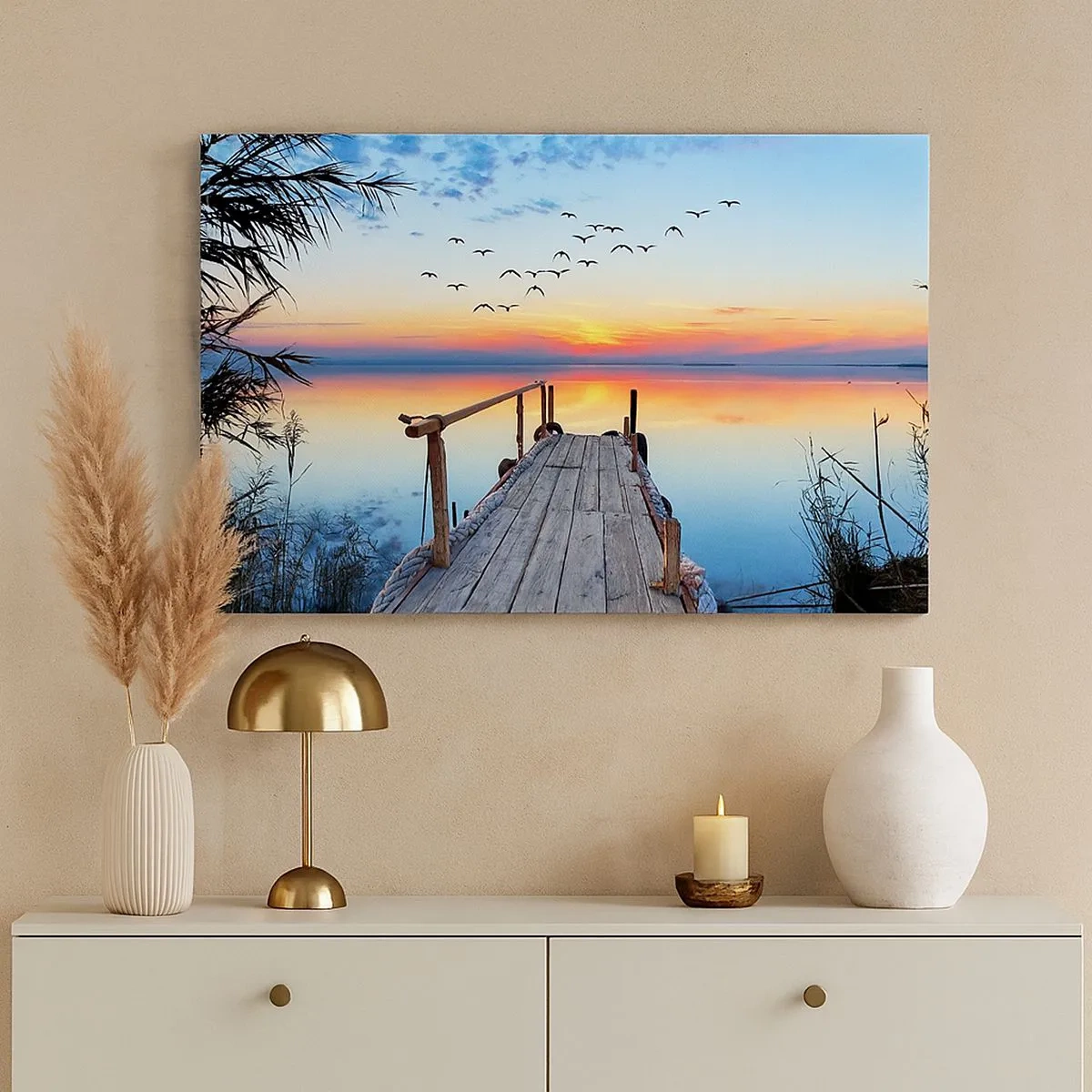 Tablou pe pânză Canvas - ponton de lemn peste lac la apus - 70x50cm - E timpul să ne întoarcem... - Decorațiune modernă pentru perete pentru living și dormitor ARTTOR