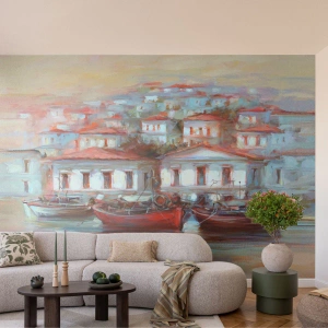 Tapet Premium Canvas - Orășel fericit - Arhitectură, Barcă cu pânze, Port - 250x175 cm