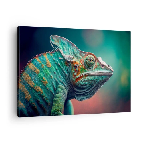 Tablou pe pânză Canvas - Prim-plan al unui cameleon în culori intense - 70x50cm - Mă poți vedea? Nu e bine... - Decorațiune modernă pentru perete pentru living și dormitor ARTTOR