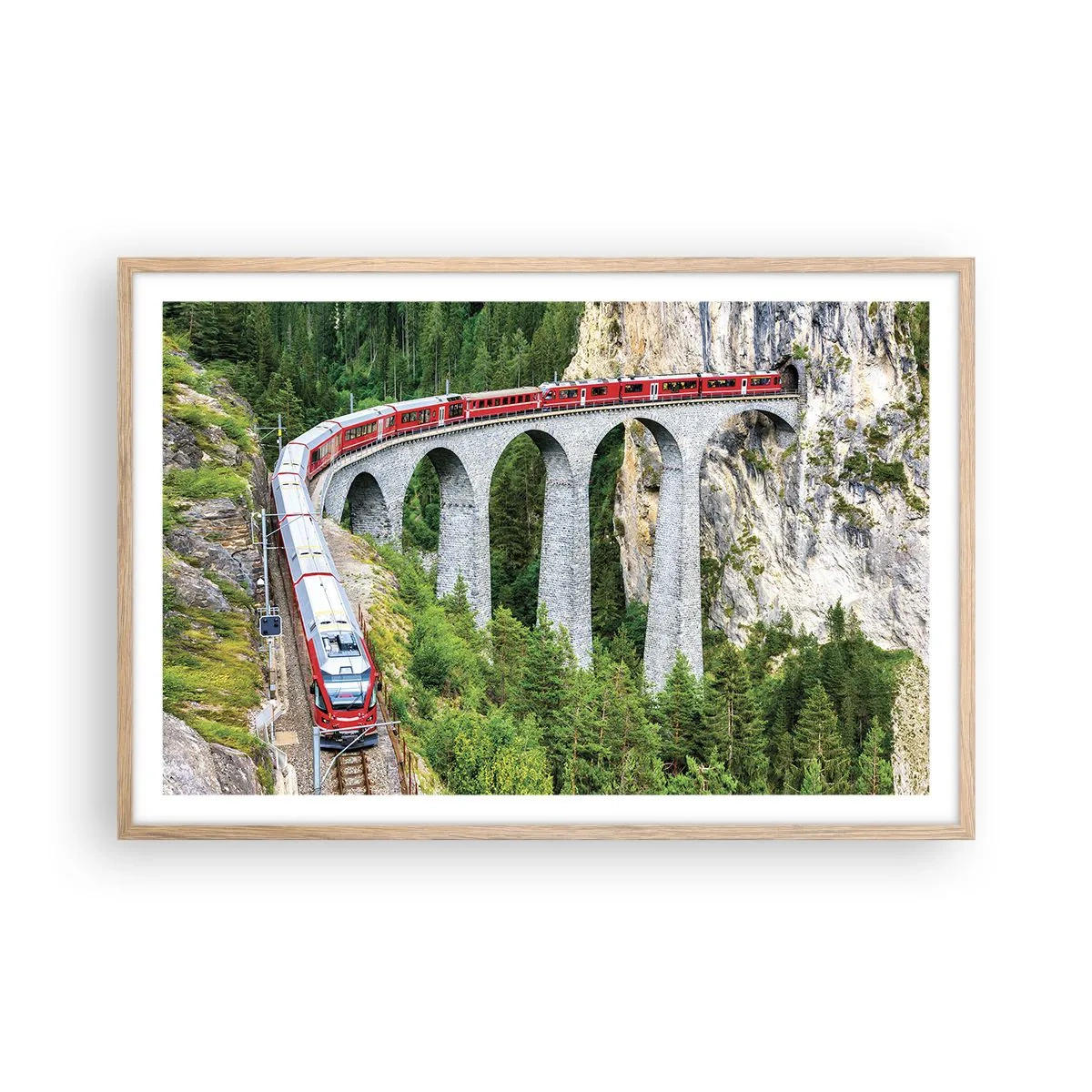 Poster în ramă de stejar deschis - Cu trenul prin munți - 91x61 cm