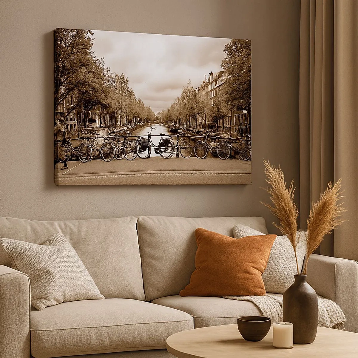 Tablou pe pânză Canvas - Pod de biciclete peste canal în sepia - 70x50cm - Atmosfera olandeză - Decorațiune modernă pentru perete pentru living și dormitor ARTTOR