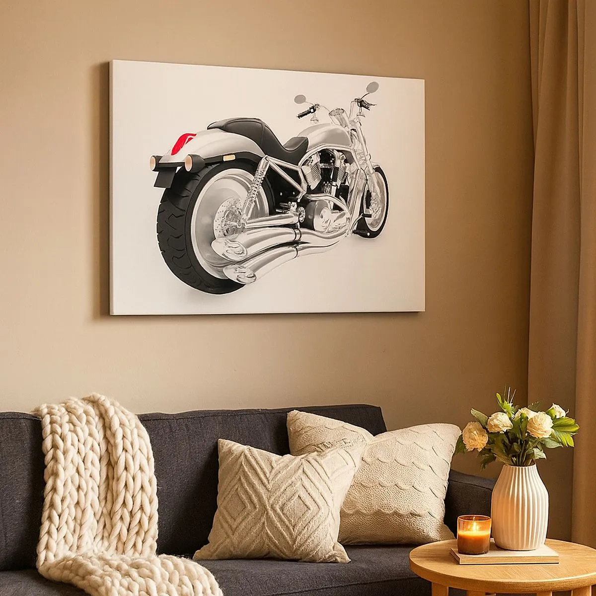 Tablou pe pânză Canvas - Motocicletă cromată pe fundal alb - 70x50cm - Visul unui colecționar - Decorațiune modernă pentru perete pentru living și dormitor ARTTOR