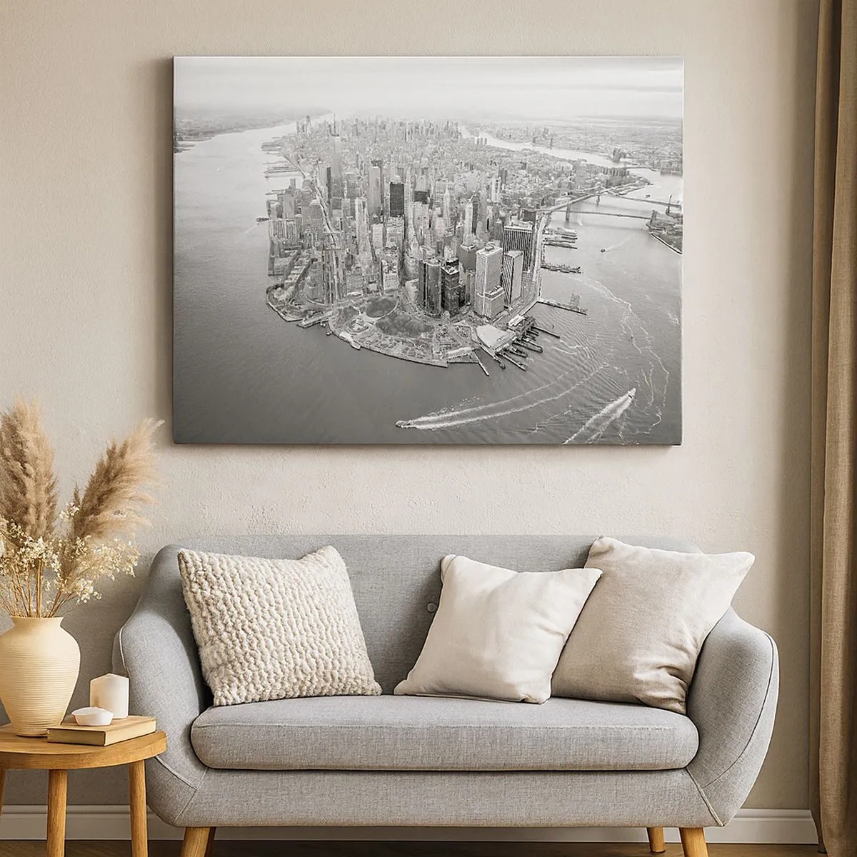 Tablou pe pânză Canvas - Vedere aeriană a Manhattanului în alb și negru - 70x50cm - Cum să nu iubești? - Decorațiune modernă pentru perete pentru living și dormitor ARTTOR