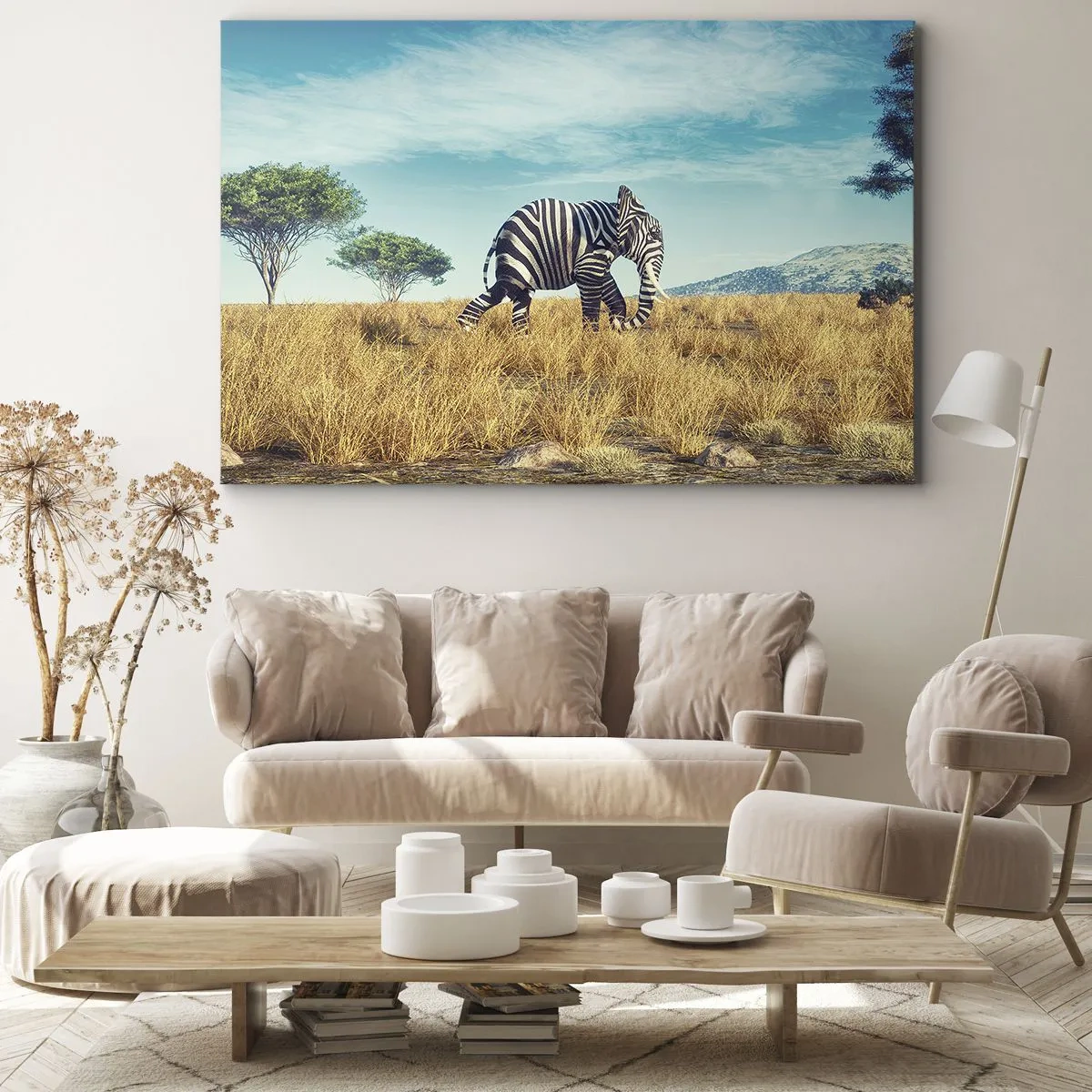 Tablou pe pânză Canvas - Zebră într-un peisaj african - 70x50cm - Griul nu mai este la modă - Decorațiune modernă pentru perete pentru living și dormitor ARTTOR