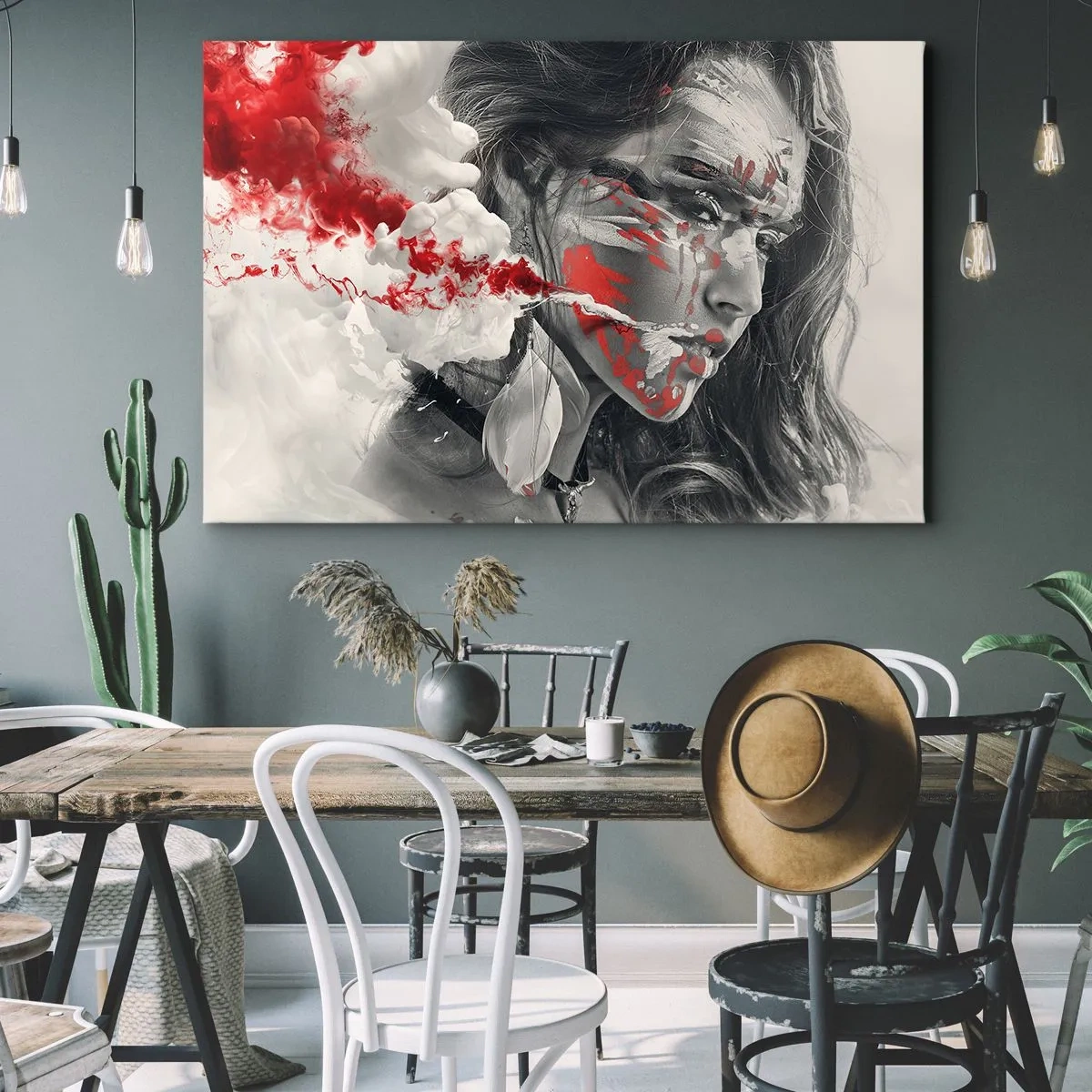 Tablou pe pânză Canvas - Portret artistic al unei femei cu accente roșii abstracte - 70x50cm - În aburul absurdului - Decorațiune modernă pentru perete pentru living și dormitor ARTTOR