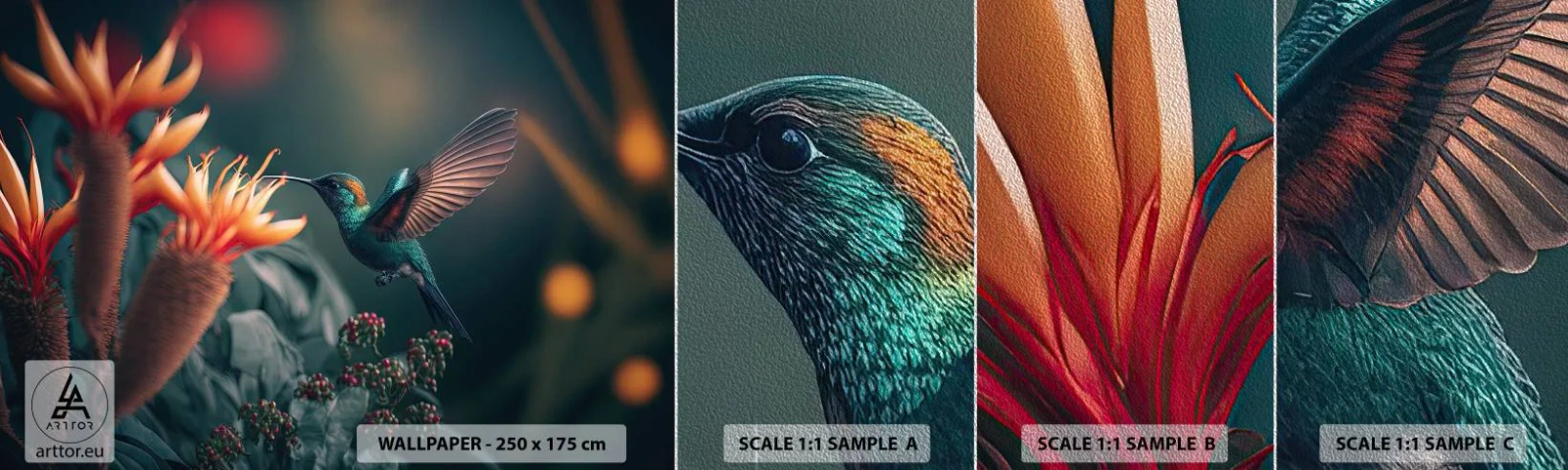 Mostră tapet Premium Sand - Viață cu adevărat colorată - Pasăre, Exotic, Floare - 100x30 cm