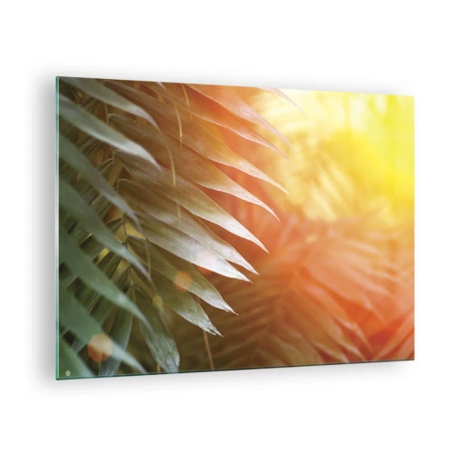 Tablou pe sticlă - Frunze de palmier în strălucirea soarelui de dimineață într-un cadru tropical - 70x50cm - Dimineață în junglă - Decorațiune modernă pentru perete pentru living și dormitor ARTTOR