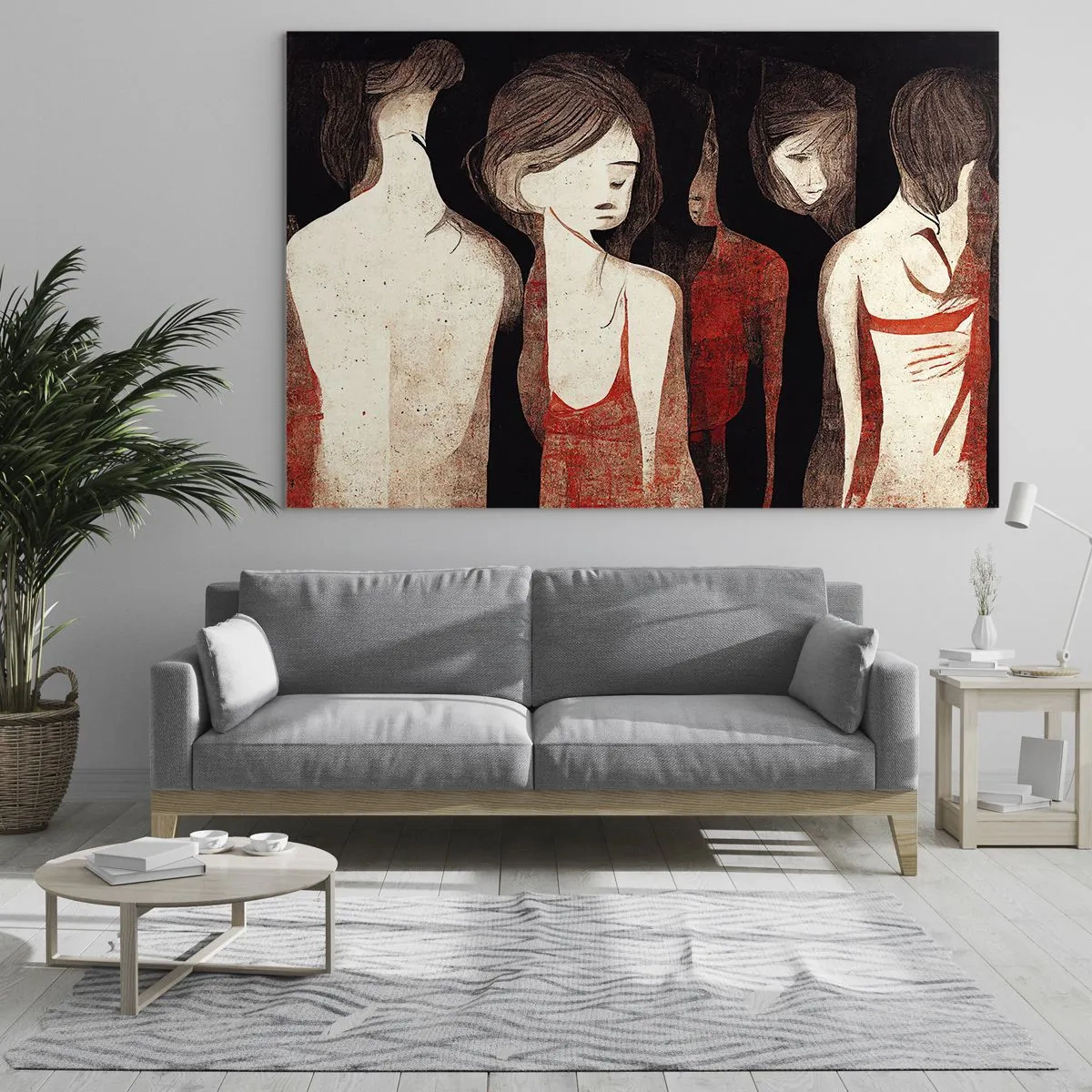 Tablou pe sticlă - Siluete feminine abstracte în roșu pe fundal negru - 70x50cm - Madonele întunericului - Decorațiune modernă pentru perete pentru living și dormitor ARTTOR