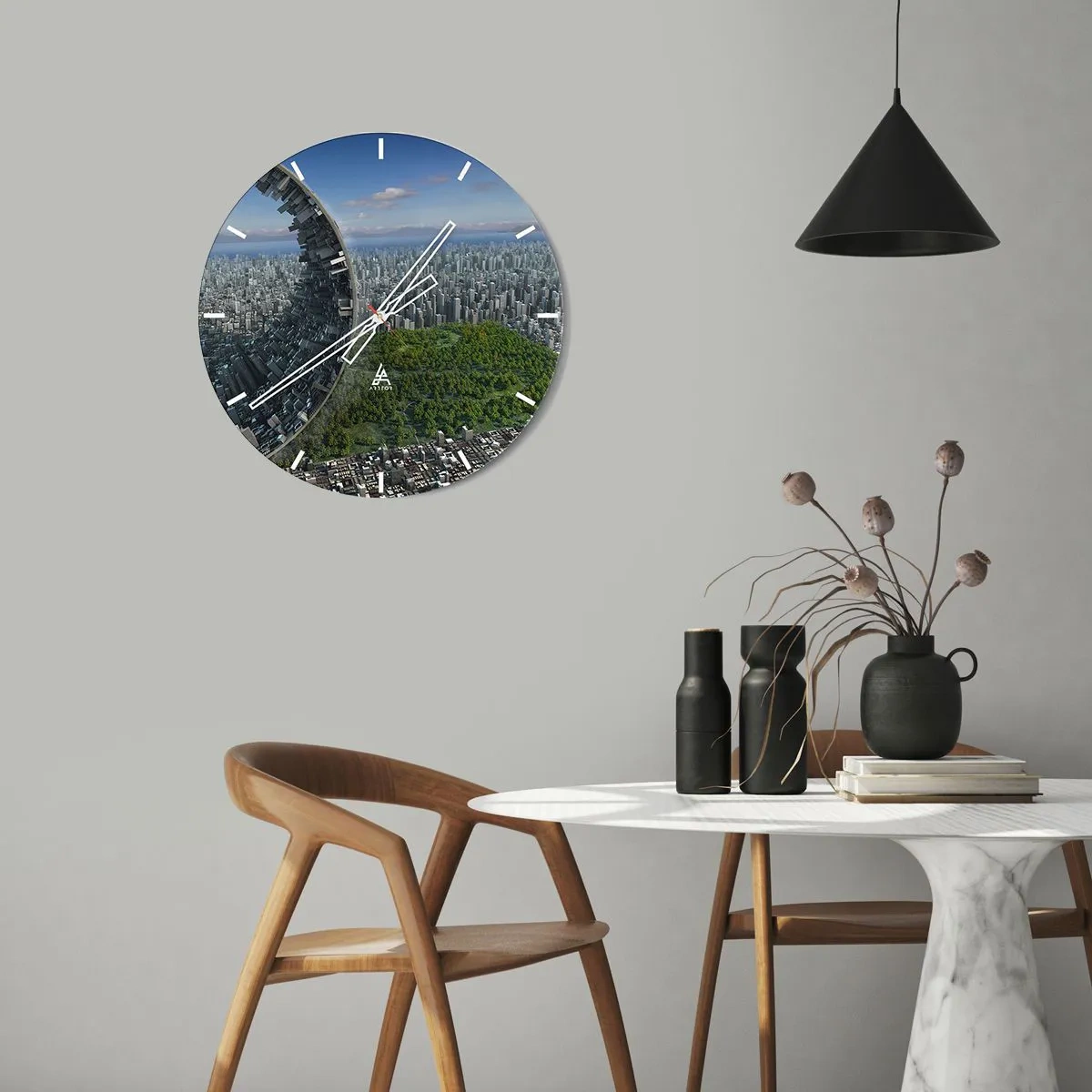 Ceas de perete - Ceas pe sticlă - Un oraș futurist cu o structură distrusă și verdeață în fundal. - 30x30cm - Natura este eternă - Decorațiune modernă pentru perete pentru living, bucătărie și dormitor ARTTOR