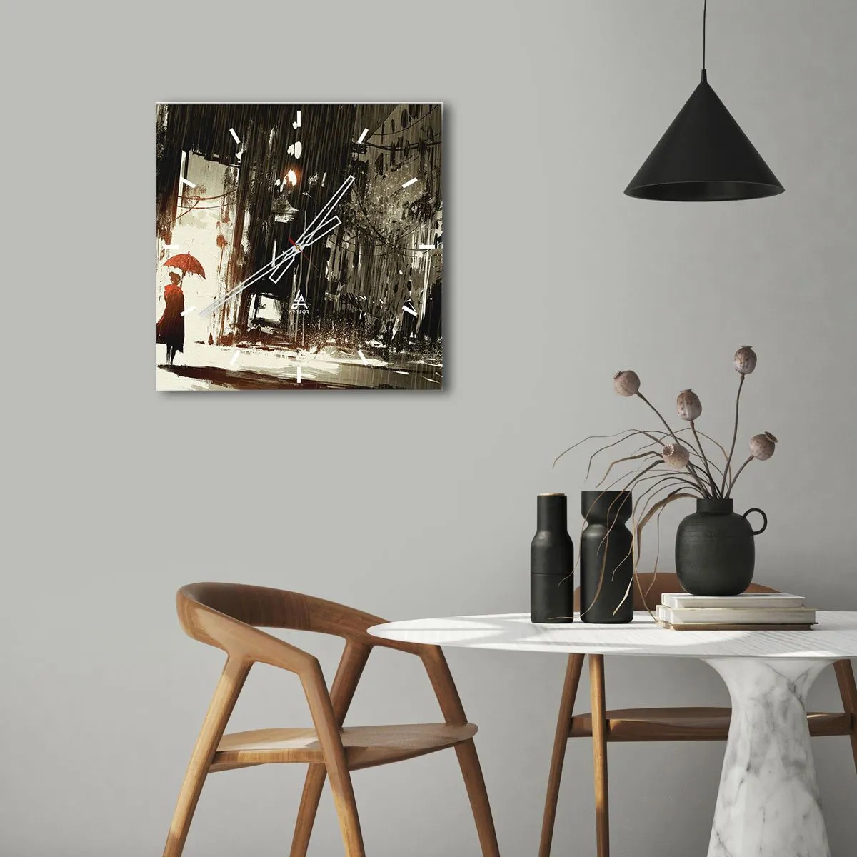 Ceas de perete - Ceas pe sticlă - Poezia umbrelei roșii - 40x40 cm