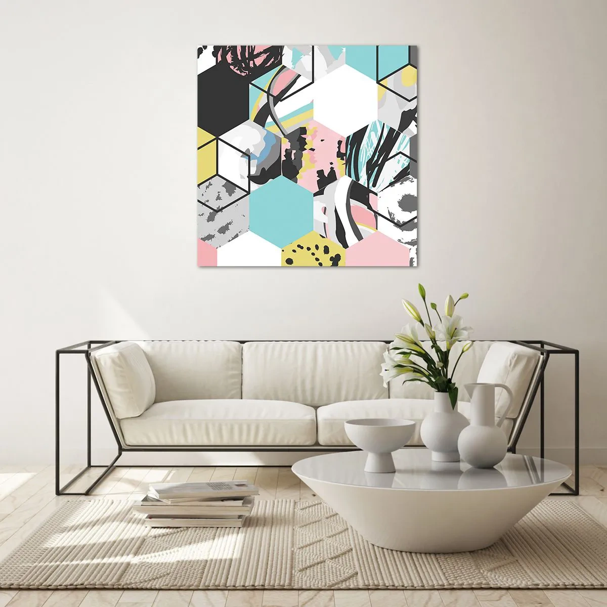 Tablou pe sticlă - Hexagoane și cuburi în șase culori - 70x70 cm