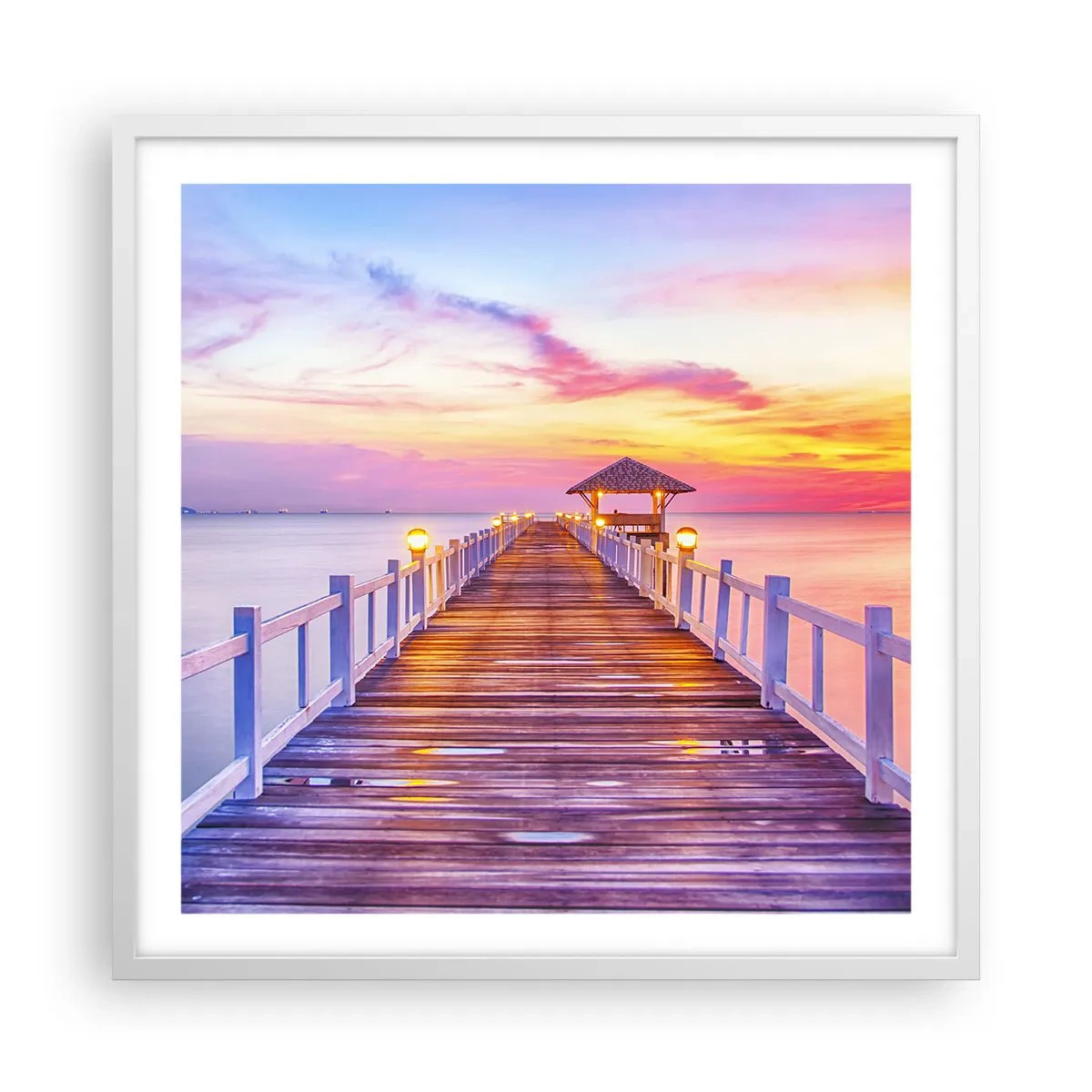 Poster în ramă albă - Tăcerea serii în liliac-auriu - 60x60 cm