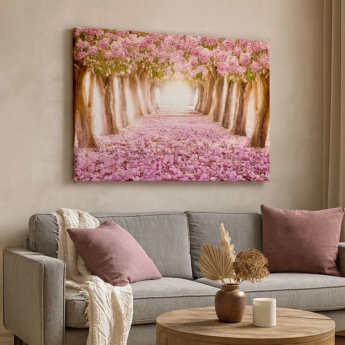 Tablou pe pânză Canvas - O alee de copaci înfloriți în nuanțe de roz - 70x50cm - Drumul spre paradis - Decorațiune modernă pentru perete pentru living și dormitor ARTTOR